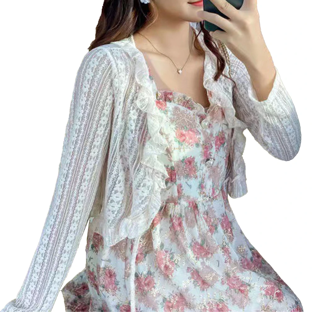 Lace Cover Up Top Cropped Long Sleeve Dress Shawl Breathable Tie Front Women Sunscreen Clothing White One Size (For 35‑57.5KG)