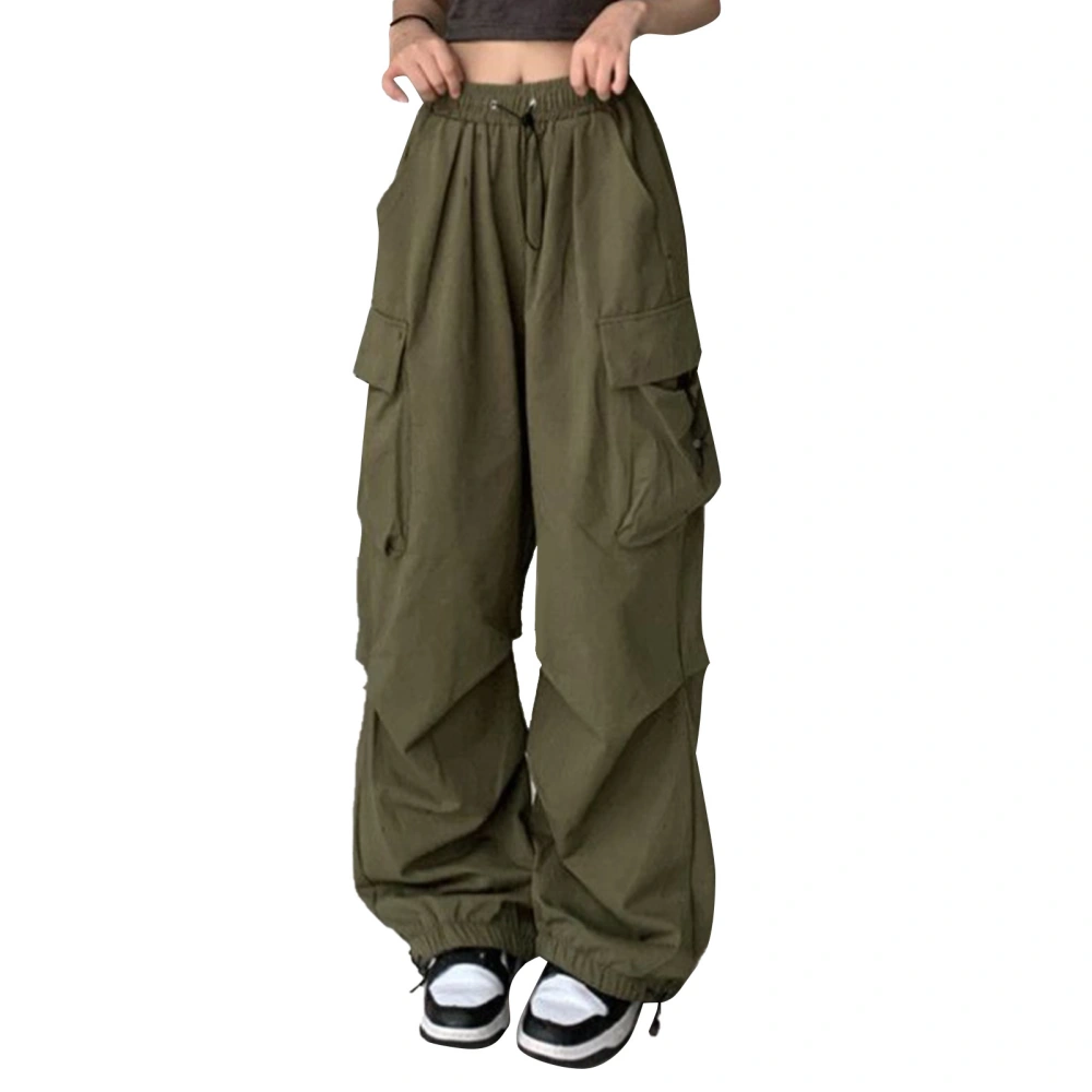 Woman Casual Wide Leg Trousers High Waisted Cinched Cuff Side Large Pockets Drawstring Loose Casual Cargo Pants Green L