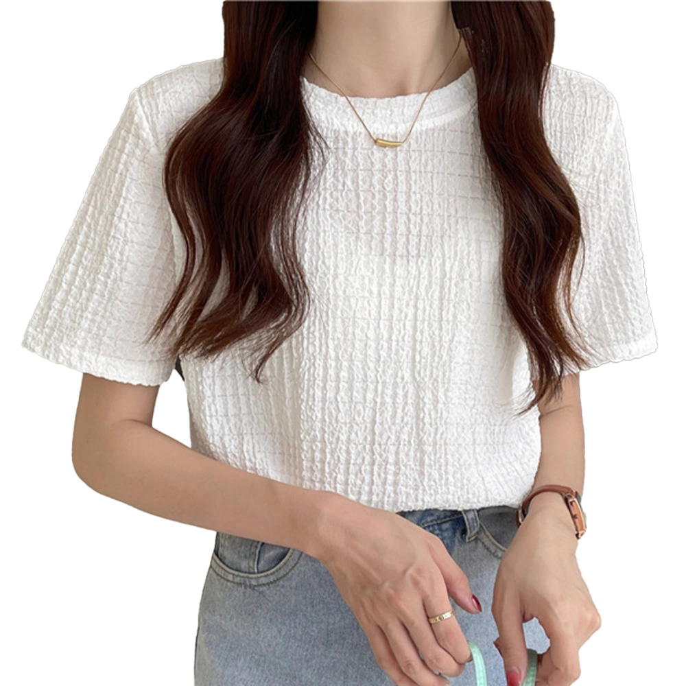 Women Short Sleeve T Shirt Summer Casual Loose Jacquard Viscose Half Sleeve Top for Female White M