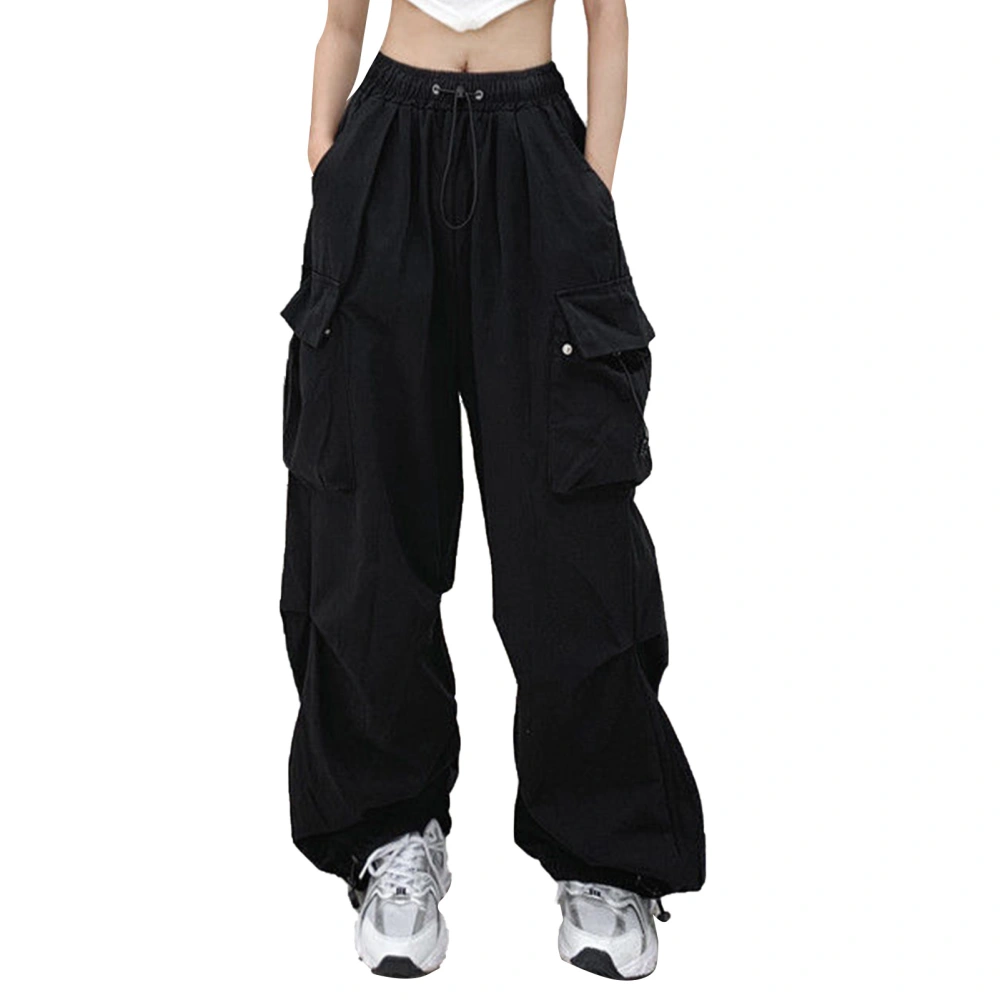 Woman Casual Wide Leg Trousers High Waisted Cinched Cuff Side Large Pockets Drawstring Loose Casual Cargo Pants Black M