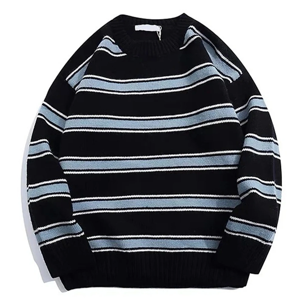 Men Striped Sweater Long Sleeve Round Neck Loose Breathable Men Pullover Sweater for Autumn and Winter Black XL