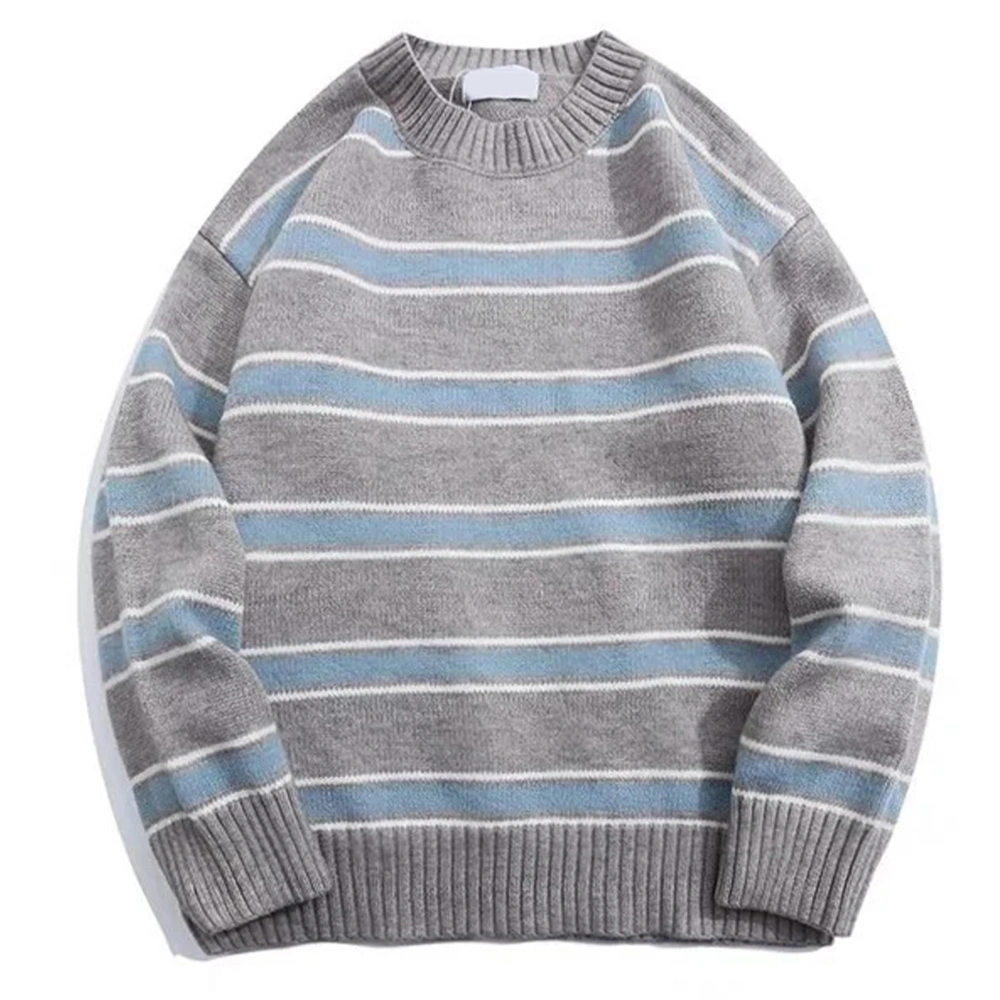 Men Striped Sweater Long Sleeve Round Neck Loose Breathable Men Pullover Sweater for Autumn and Winter Grey XL