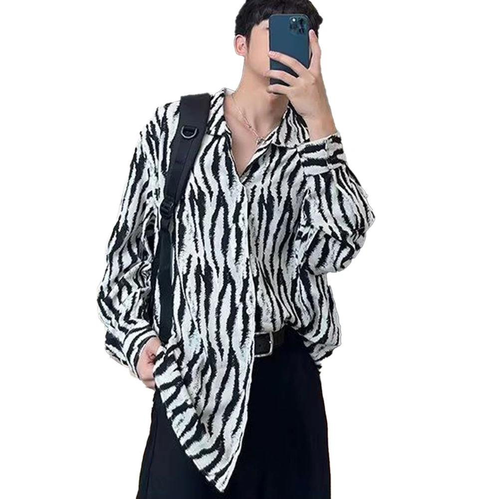 Print Men Shirt Turn Down Collar Button Up Loose Fit Casual Men Long Sleeve Shirt for Summer Black 2XL