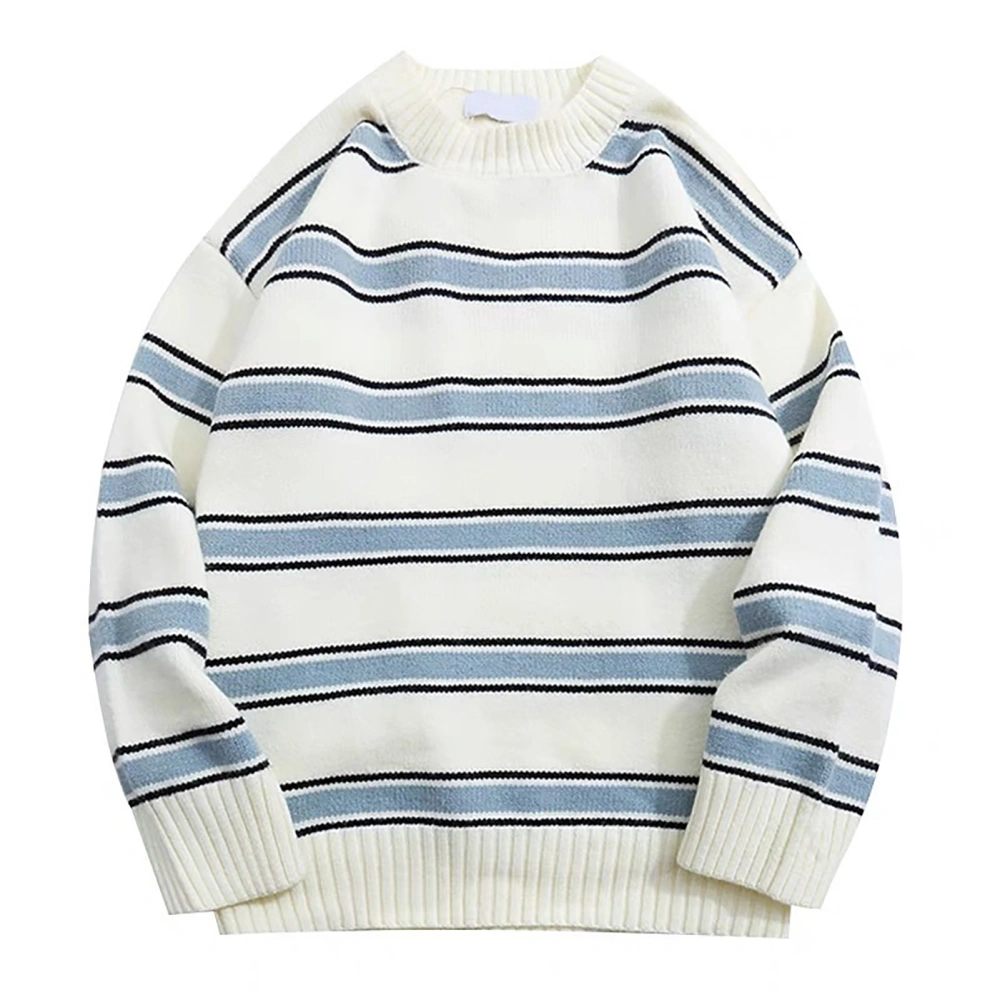 Men Striped Sweater Long Sleeve Round Neck Loose Breathable Men Pullover Sweater for Autumn and Winter White XXL