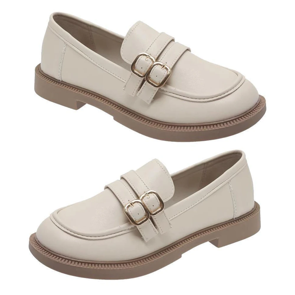 Women Flat Leather Shoes Round Toe Low Heel Women Vintage Shoes with Double Strap for Summer Beige 37