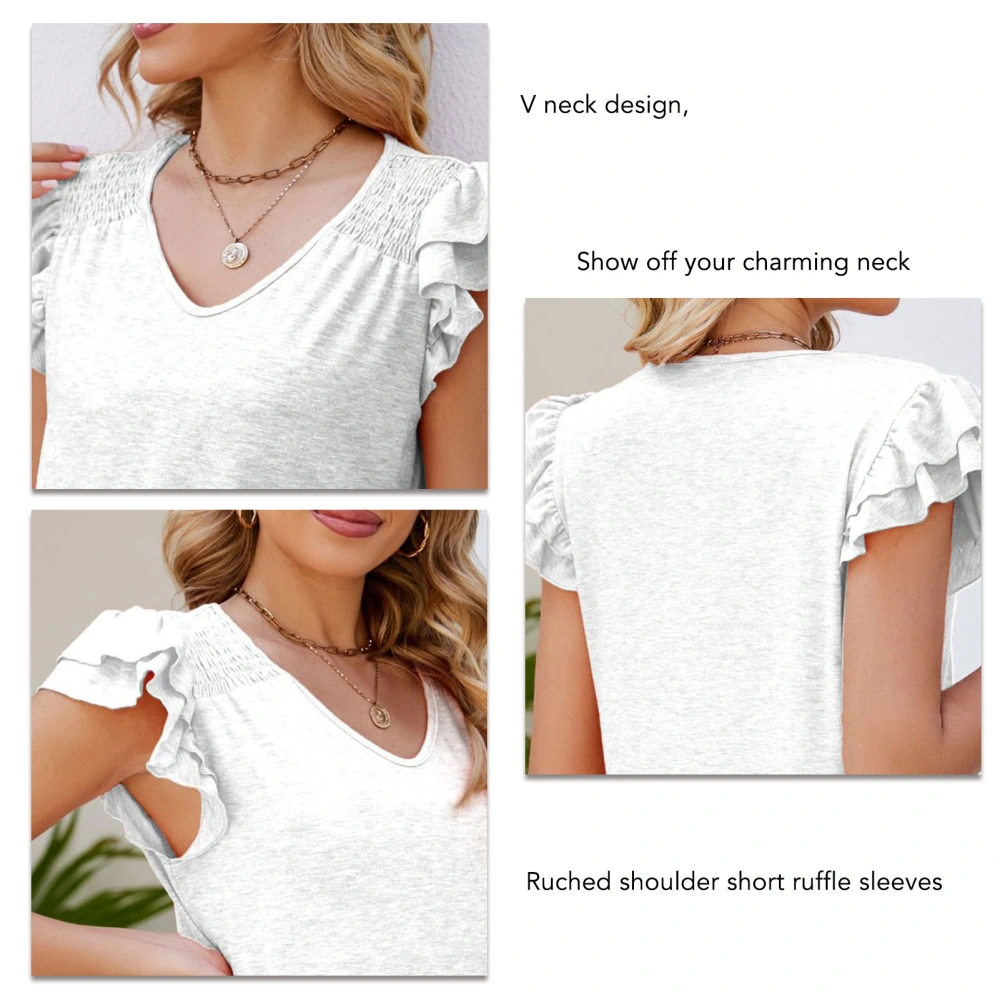 Women Summer Top V Neck Ruched Shoulder Short Ruffle Sleeve Loose Casual Elegant Basic Tops White L