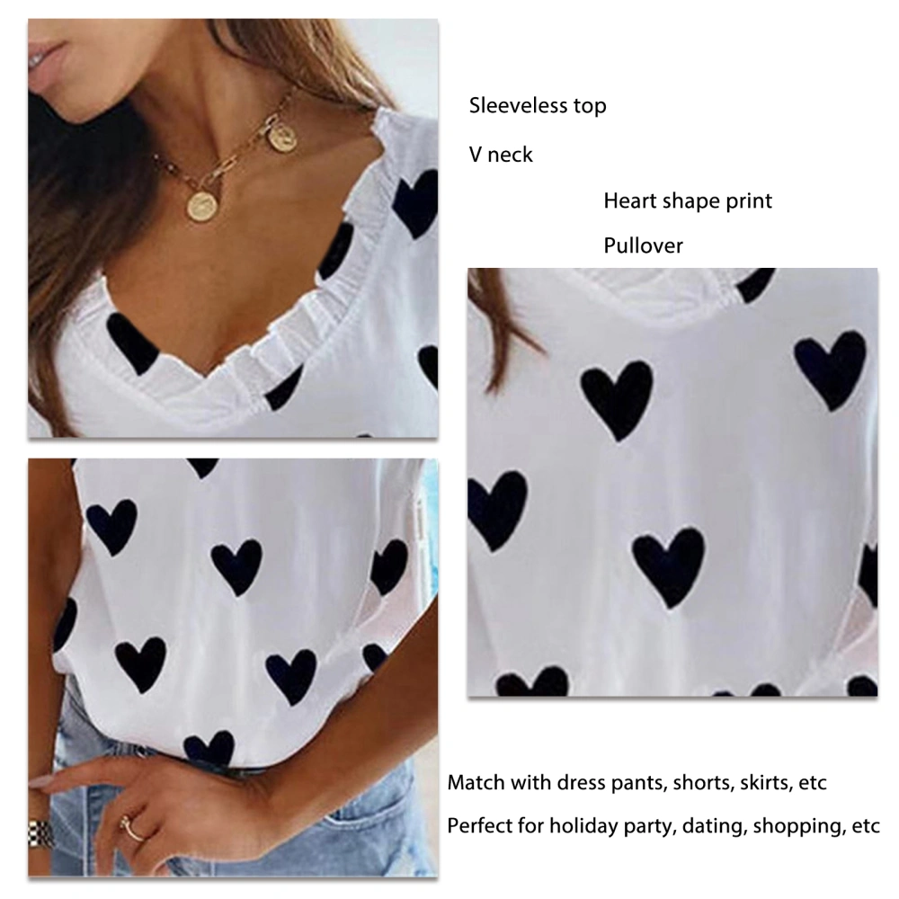 V Neck Heart Shaped Pattern Print Tank Top Women Fashionable Casual Ruffle Sleeveless Shirt Blouse White M