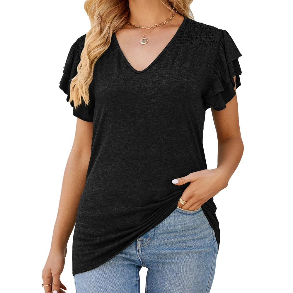 Women Layered Ruffle Sleeve T Shirt V Neck Pure Color Casual Elegant Summer Pullover Blouse Black M