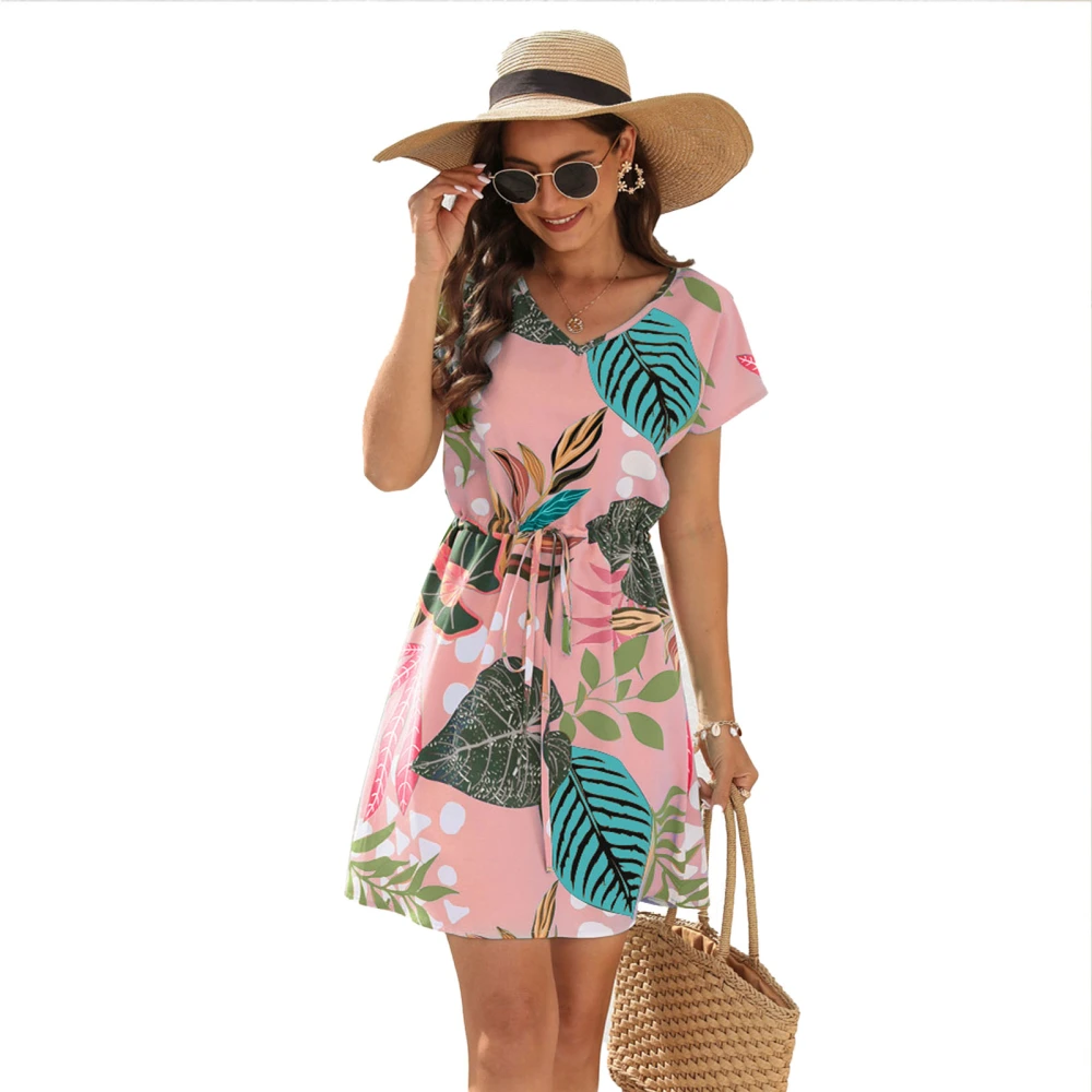 Women Floral Dress V Neck Short Sleeves Waist Drawstring Above Knee Length Summer Dress Pink M