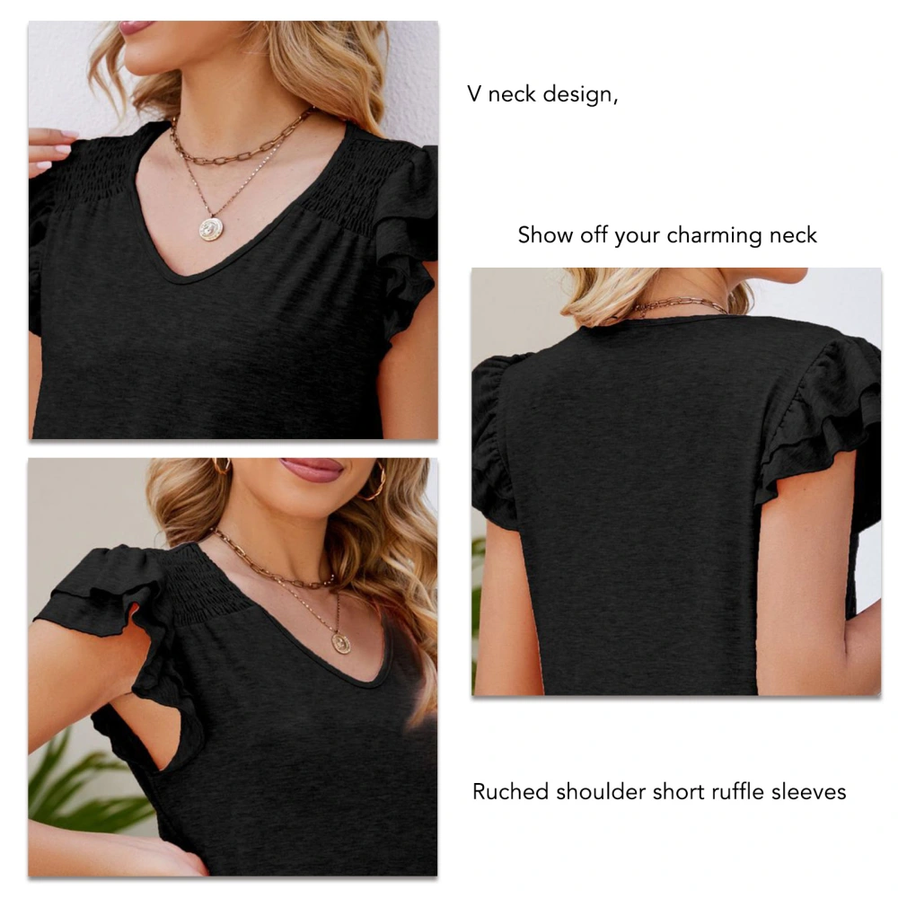 Women Summer Top V Neck Ruched Shoulder Short Ruffle Sleeve Loose Casual Elegant Basic Tops Black S