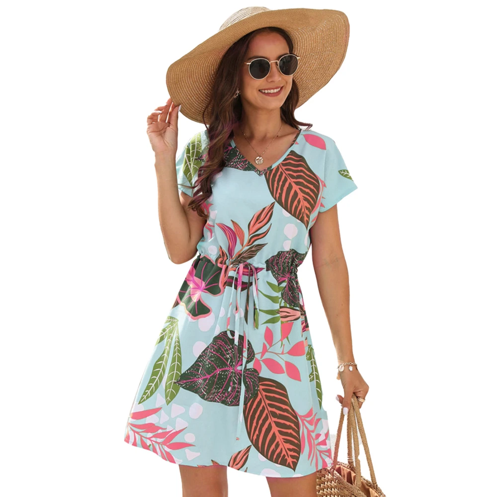 Women Floral Dress V Neck Short Sleeves Waist Drawstring Above Knee Length Summer Dress Blue M