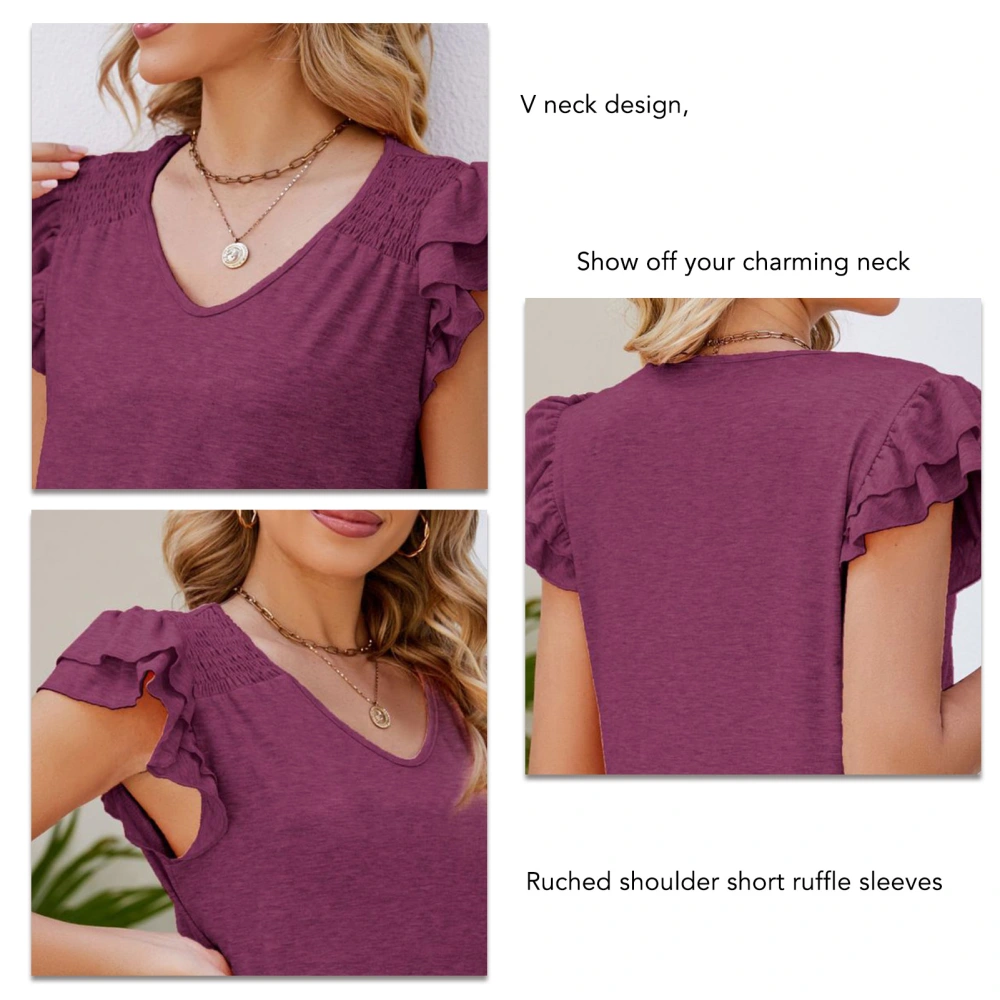 Women Summer Top V Neck Ruched Shoulder Short Ruffle Sleeve Loose Casual Elegant Basic Tops Purple L