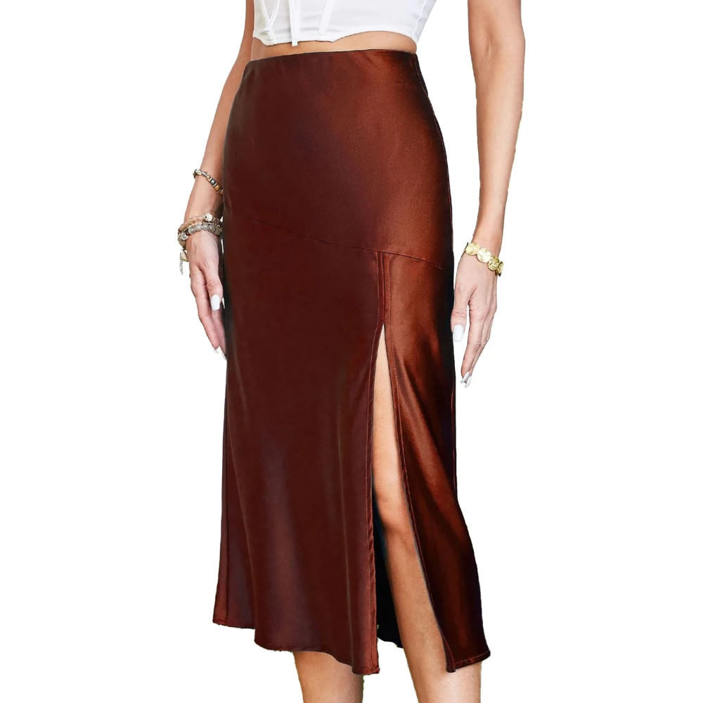 Women High Waist Midi Skirt Split Thigh High Glossy Satins Pure Color Bodycon Skirt Brown M