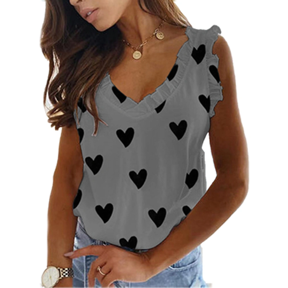 V Neck Heart Shaped Pattern Print Tank Top Women Fashionable Casual Ruffle Sleeveless Shirt Blouse Grey M