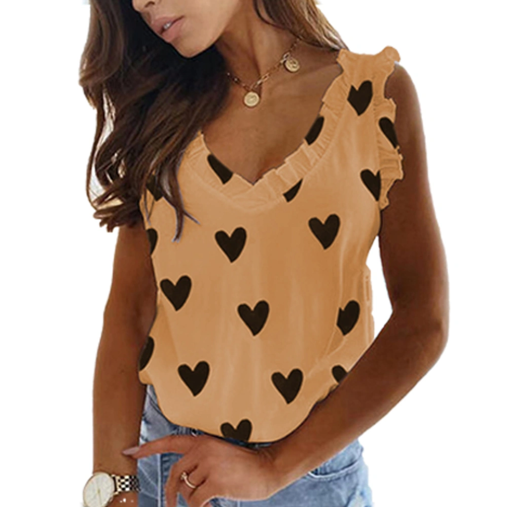 V Neck Heart Shaped Pattern Print Tank Top Women Fashionable Casual Ruffle Sleeveless Shirt Blouse Khaki S