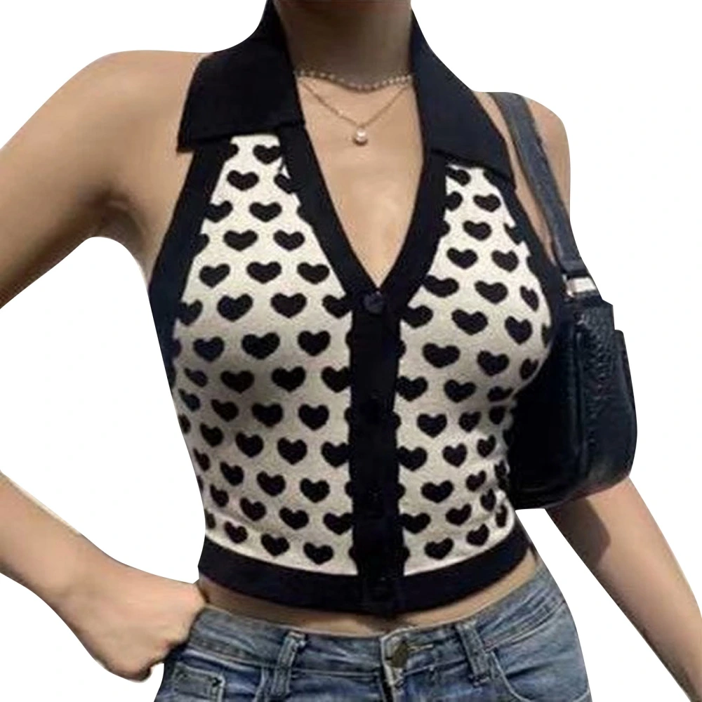 Women Summer Top Heart Printed Knitted Halter Neck Single Breasted Turn Down Collar Tank Top for Female Black M