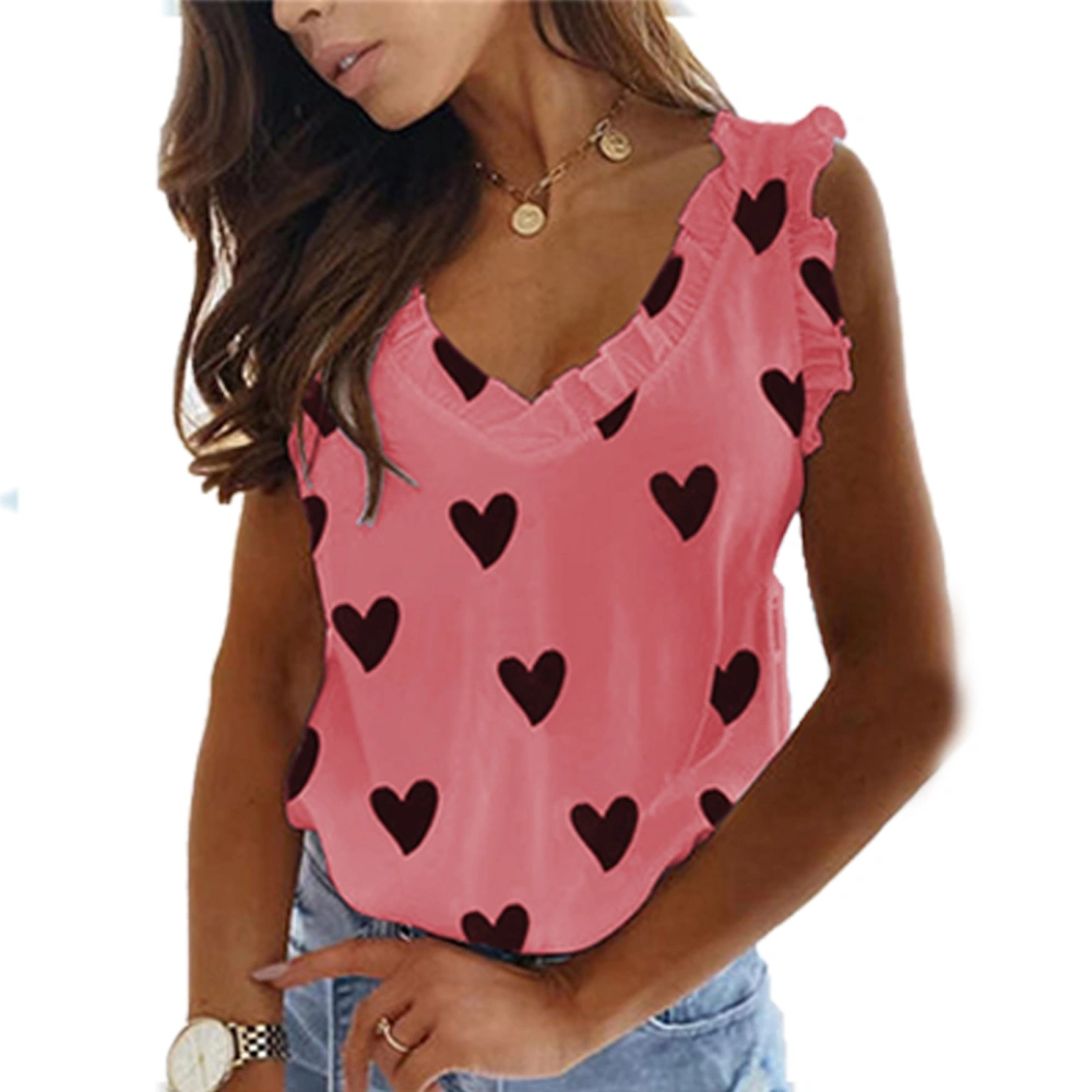 V Neck Heart Shaped Pattern Print Tank Top Women Fashionable Casual Ruffle Sleeveless Shirt Blouse Pink L