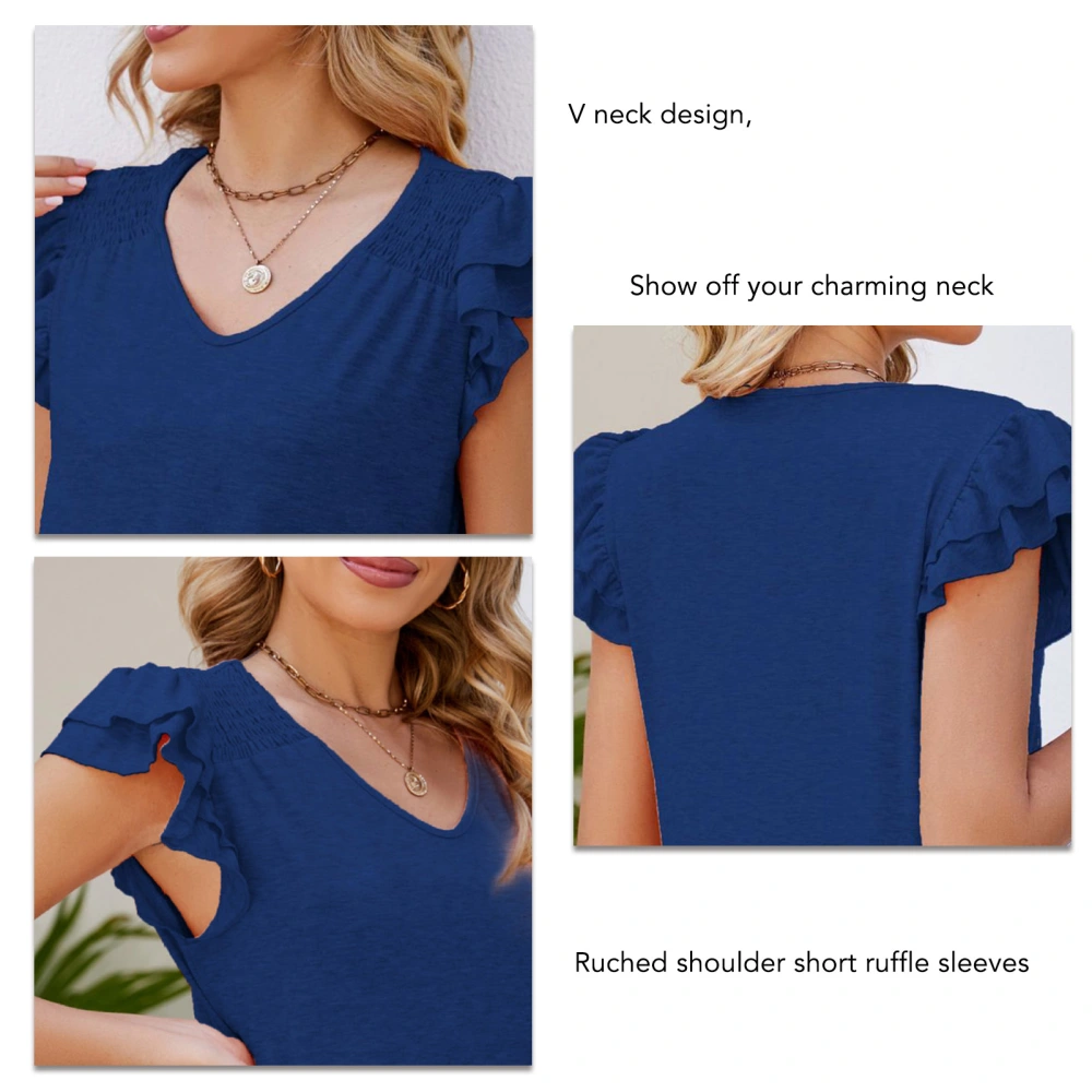 Women Summer Top V Neck Ruched Shoulder Short Ruffle Sleeve Loose Casual Elegant Basic Tops Navy Blue XXL