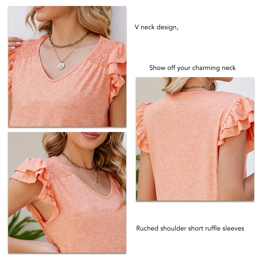 Women Summer Top V Neck Ruched Shoulder Short Ruffle Sleeve Loose Casual Elegant Basic Tops Orange M