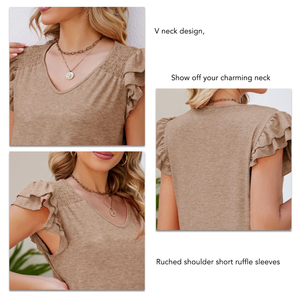 Women Summer Top V Neck Ruched Shoulder Short Ruffle Sleeve Loose Casual Elegant Basic Tops Khaki XL