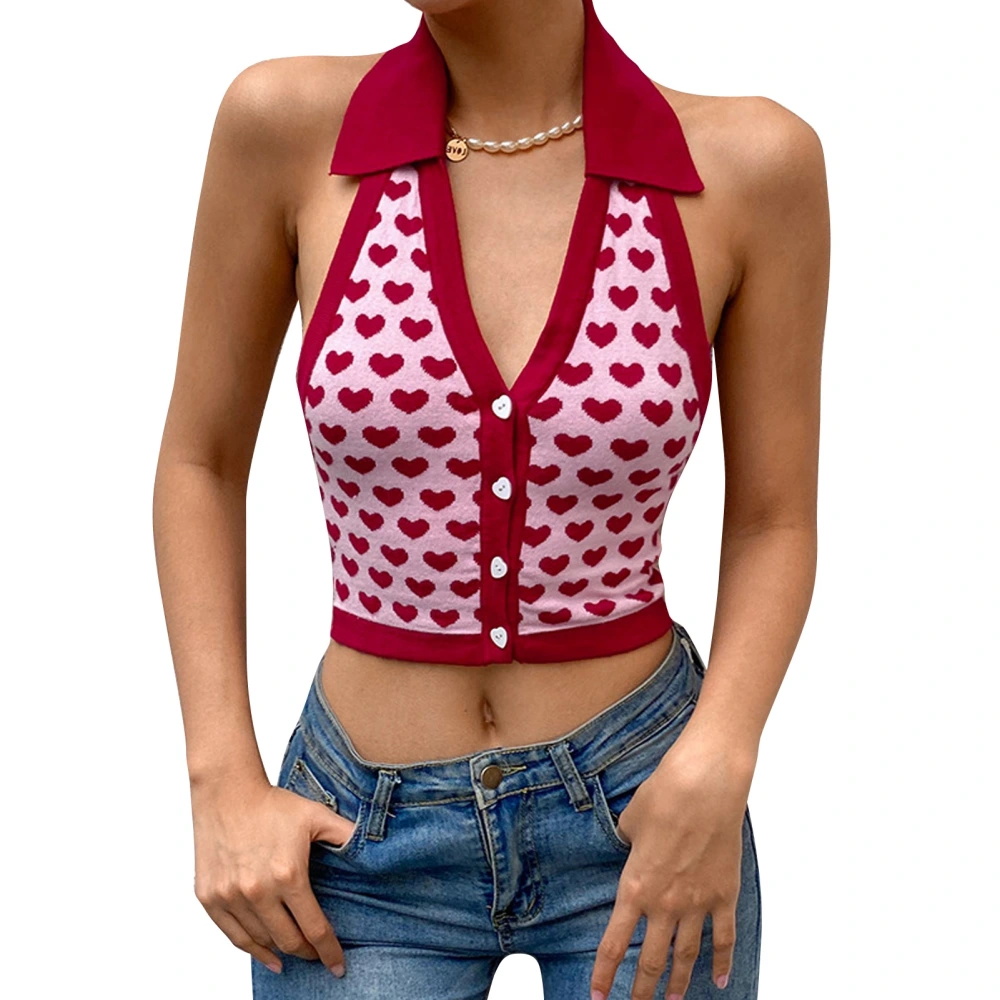 Women Summer Top Heart Printed Knitted Halter Neck Single Breasted Turn Down Collar Tank Top for Female Red L