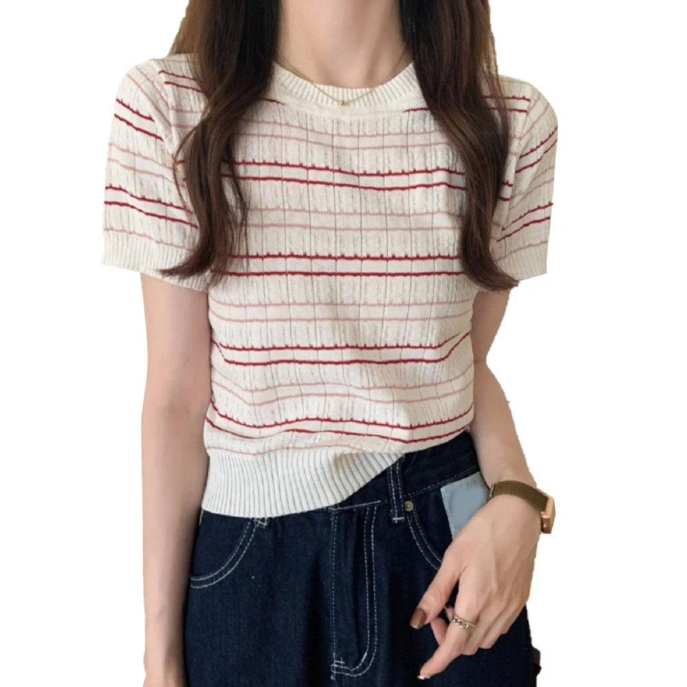 Short Sleeve Knit Top Polyester Stripe Pattern Slim Fit Breathable Skin Friendly Summer Knit Pullover for Women White Red Free Size (for 88‑132lb)