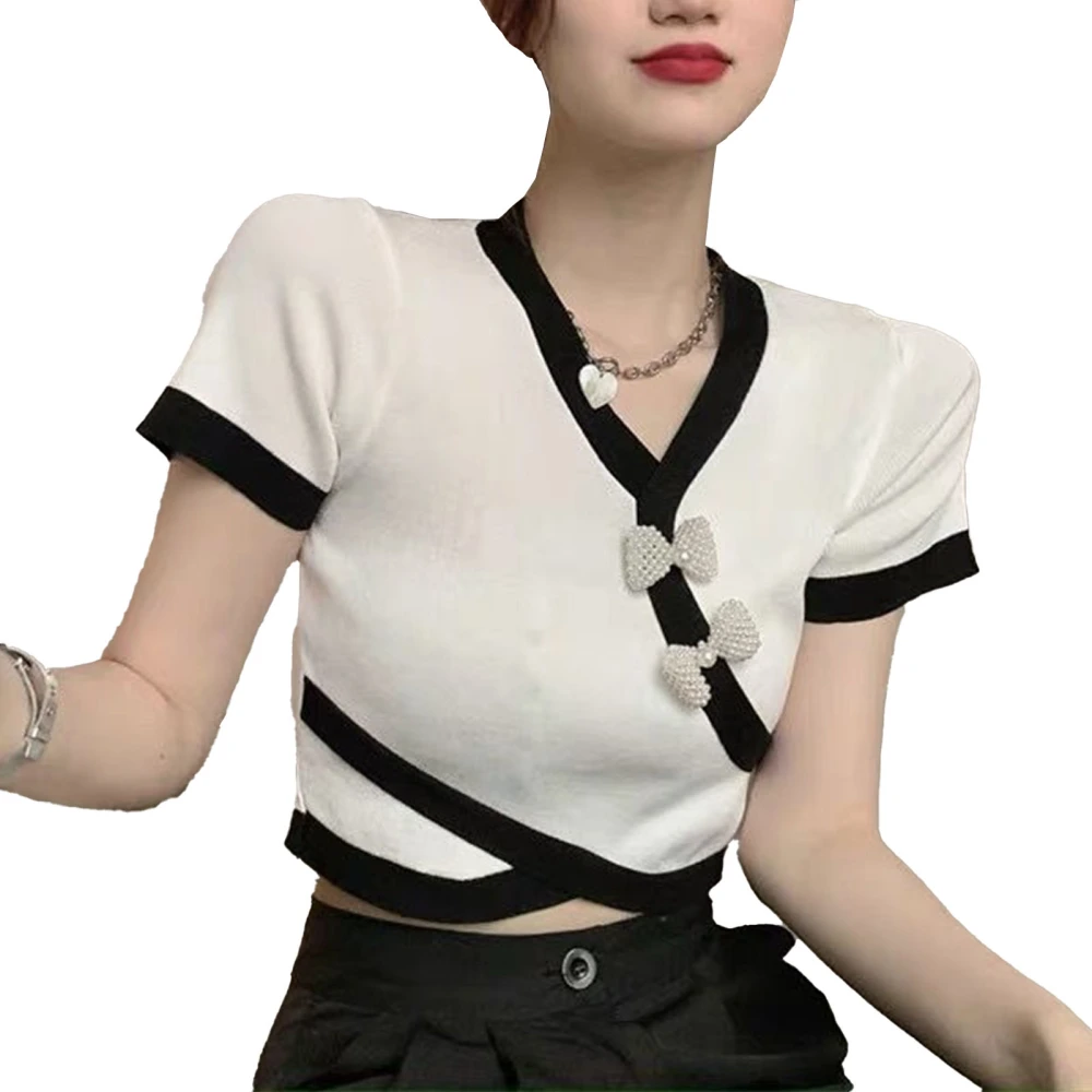 Women Crossing Wrap V Neck Top Artificial Pearl Bow Buckle Irregular Hem Short Type Casual Short Sleeve Blouse White Free Size