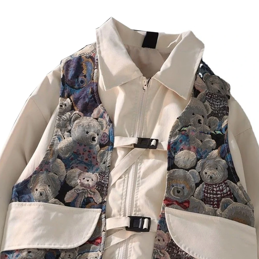 2 in 1 Jacket Bear Patterns Turn Down Collar Zipper Buckle Closure Casual Coat for Women Men Khaki XL