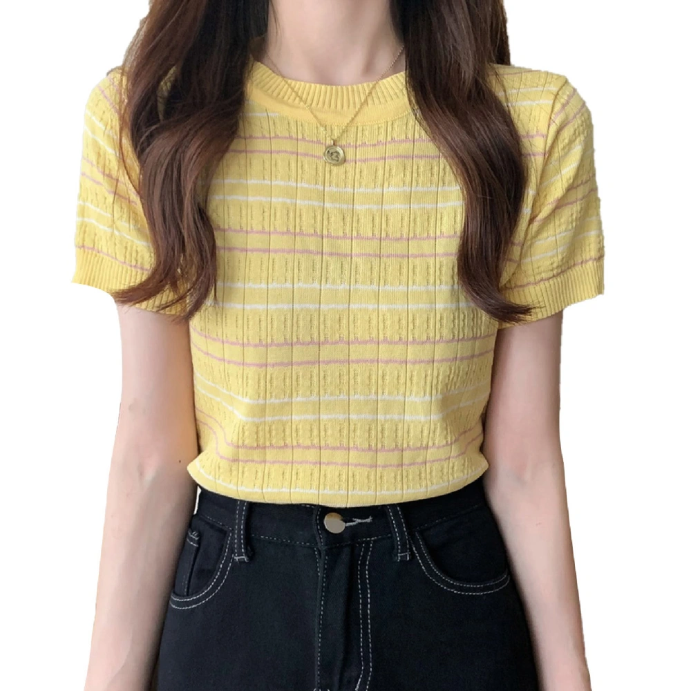 Short Sleeve Knit Top Polyester Stripe Pattern Slim Fit Breathable Skin Friendly Summer Knit Pullover for Women Yellow Free Size (for 88‑132lb)