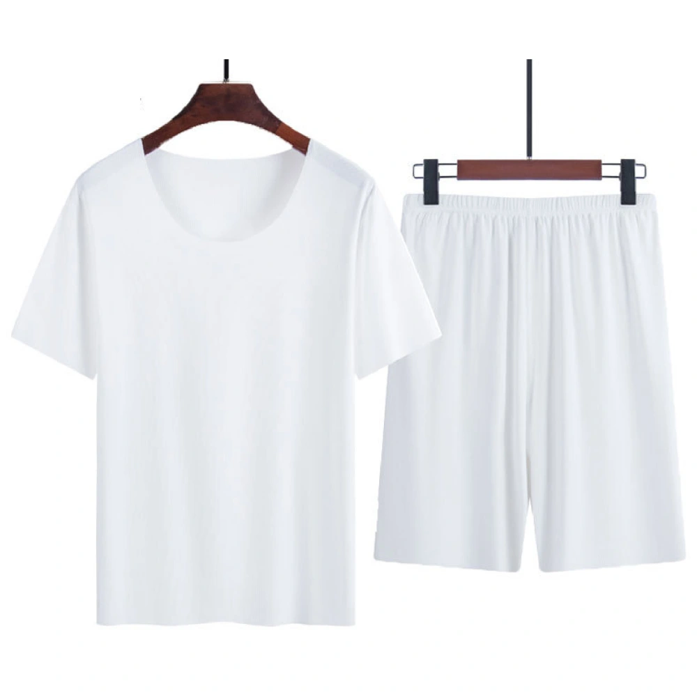 2PCS Men Shortsleeve Sleepwear Crewneck Casual Summer Nightwear Set Skin Friendly for Summer White L: Suitable for 45-60kg