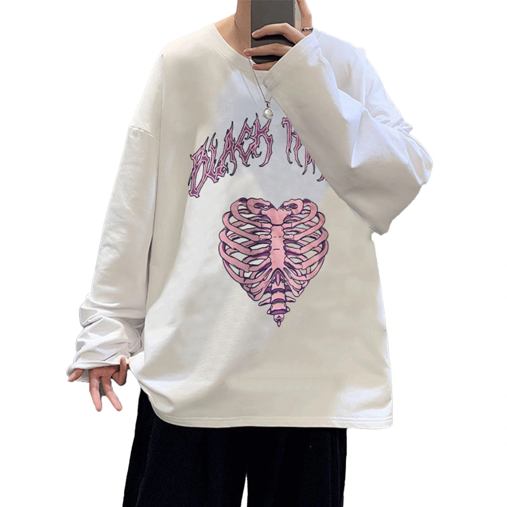 Men Long Sleeve Shirt Round Neck Stylish Pink Skeleton Print Comfortable Loose Long Sleeve Shirt Top for Autumn White L