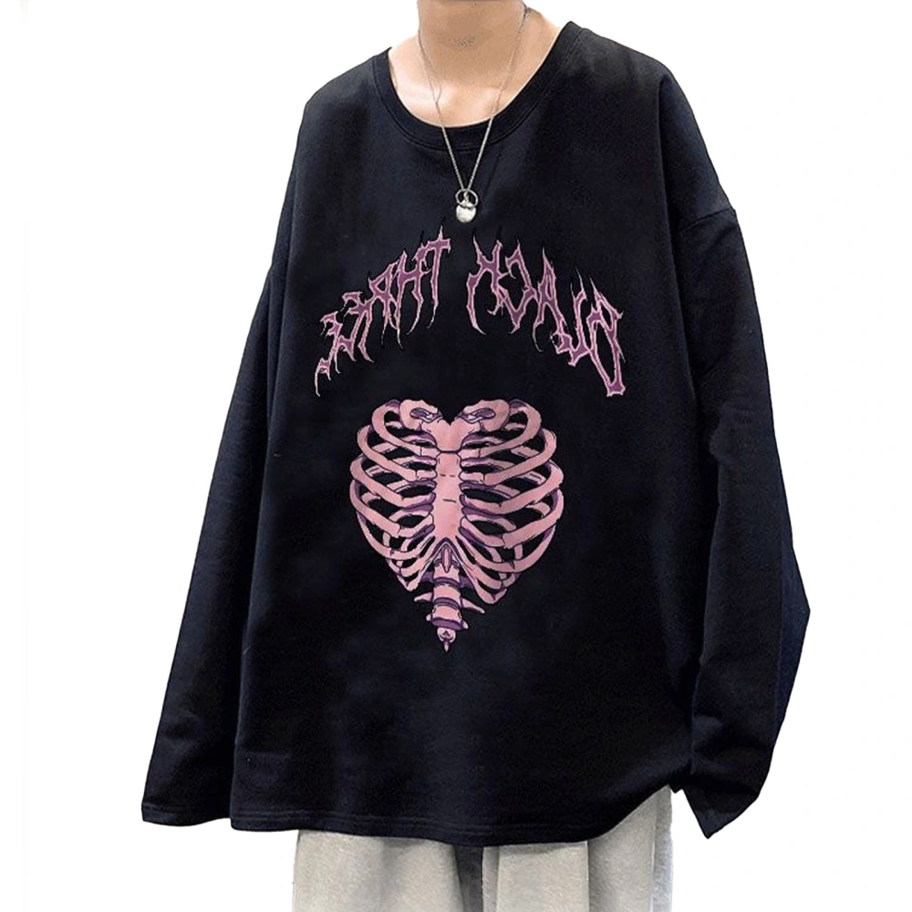 Men Long Sleeve Shirt Round Neck Stylish Pink Skeleton Print Comfortable Loose Long Sleeve Shirt Top for Autumn Black XL