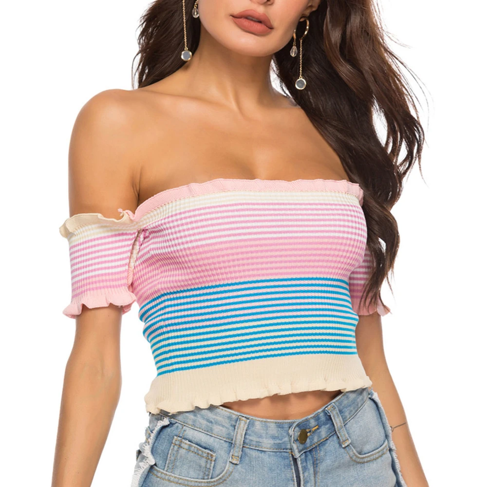 Woman Off Shoulder Knitted Top Short Sleeve Slim Fit Frill Trim Striped Pullover Tops for Office Dating Pink L