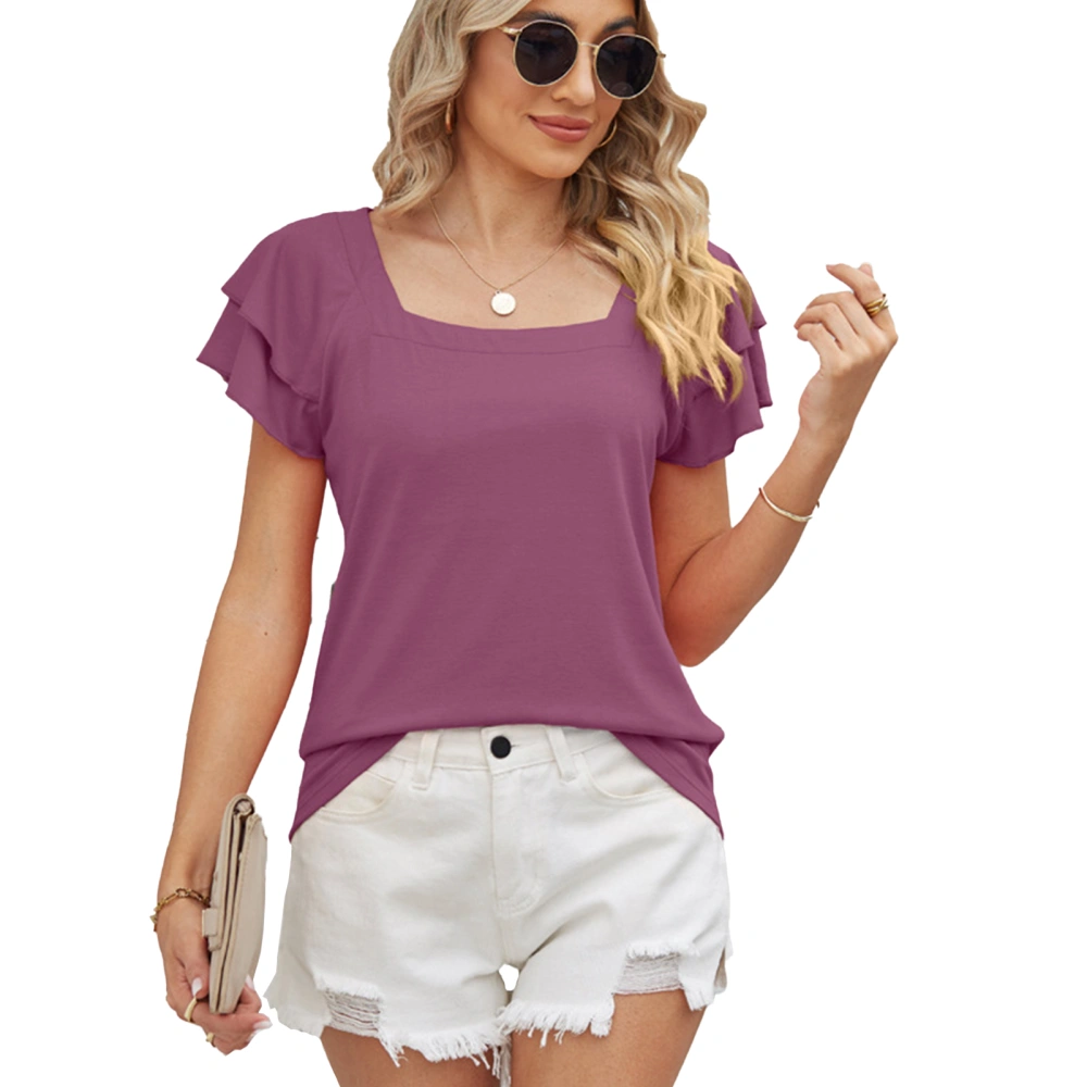 Women Short Flutter Sleeves Top Double Layers Loose Fitting Summer Pure Color Casual T Shirt Amaranth S