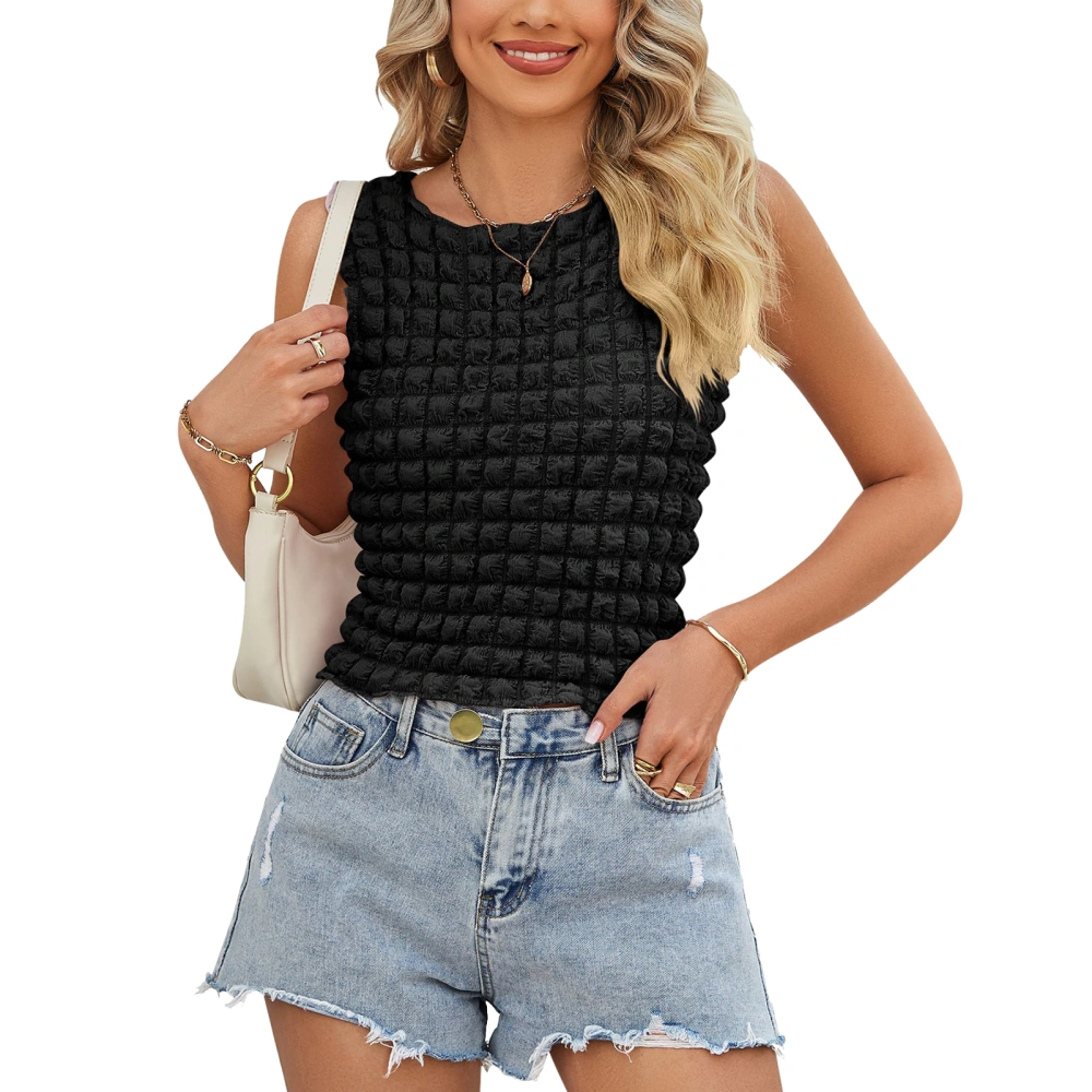 Women Tank Top Round Neck 3D Plaid Slim Fitting Pure Color Summer Sleeveless Vest for Daily Wear Black L