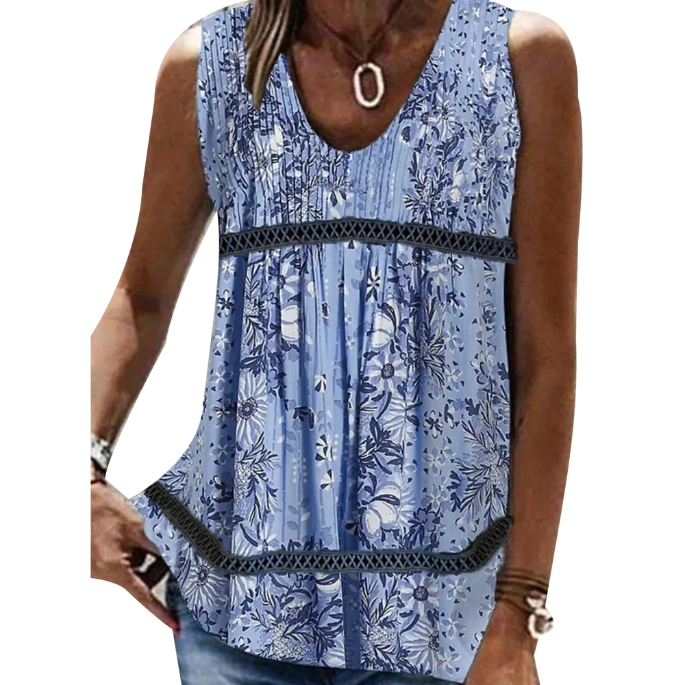 V Neck Sleeveless Top Loose Fit Printed Patchwork Summer Fashional Soft Women Casual Tank Top for Daily Party Vacation Blue XXL