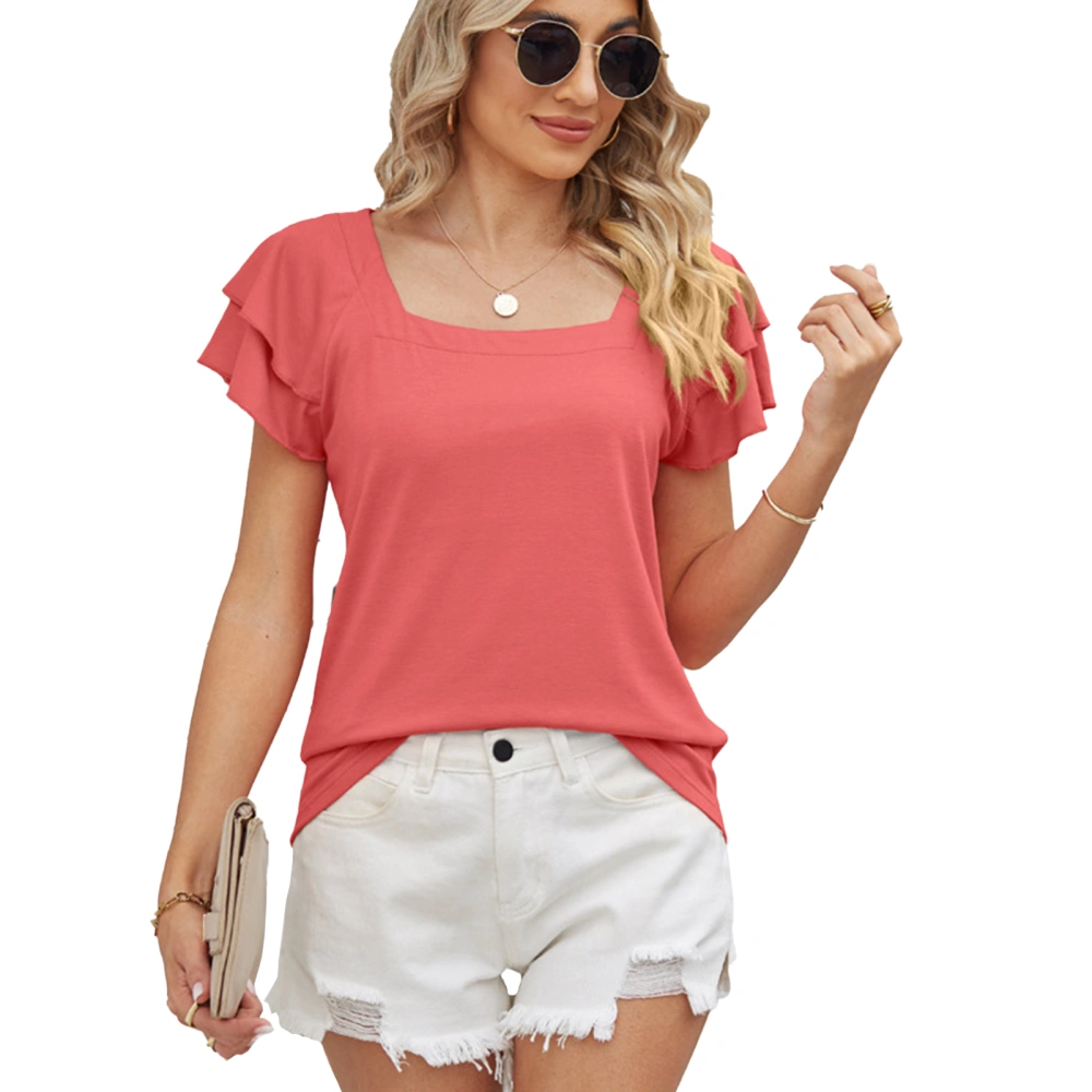 Women Short Flutter Sleeves Top Double Layers Loose Fitting Summer Pure Color Casual T Shirt Pinkish Orange L