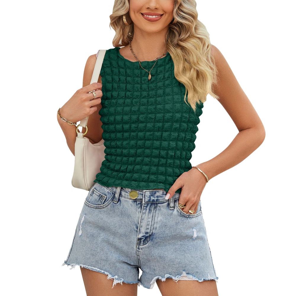 Women Tank Top Round Neck 3D Plaid Slim Fitting Pure Color Summer Sleeveless Vest for Daily Wear Green XL