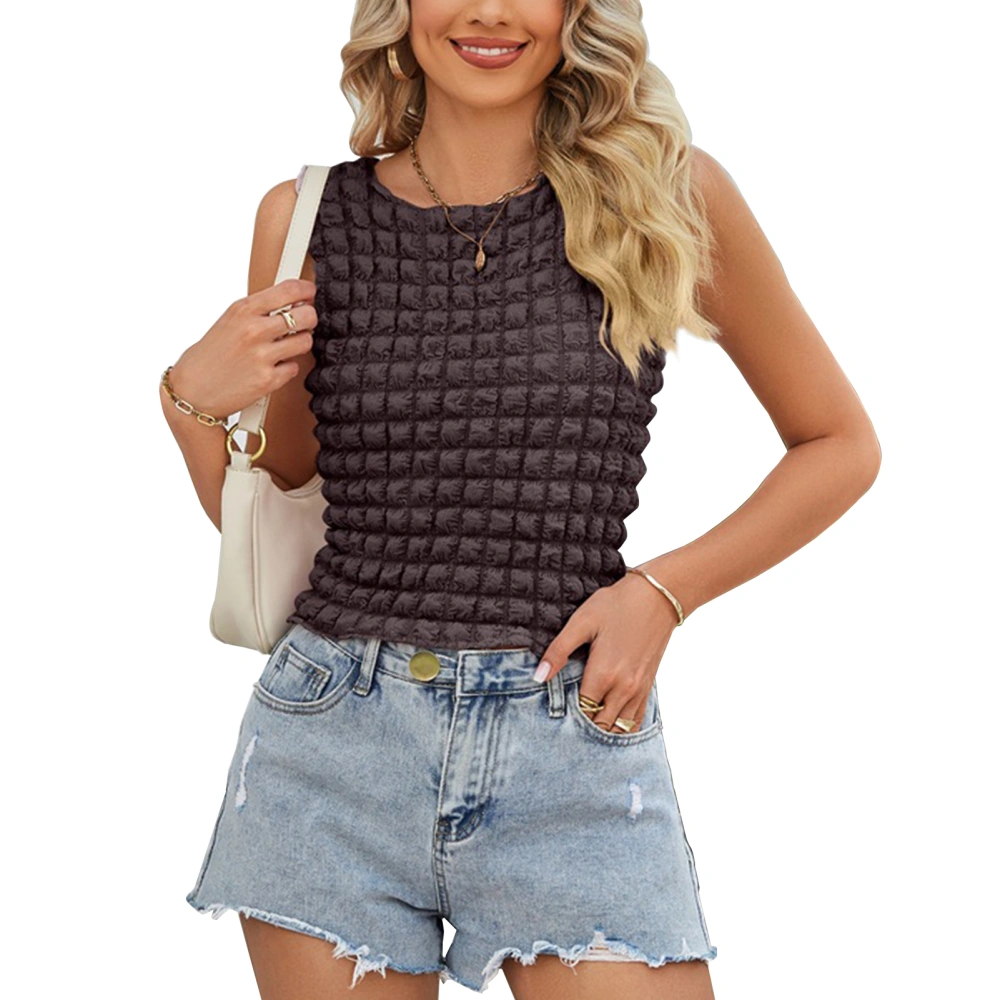 Women Tank Top Round Neck 3D Plaid Slim Fitting Pure Color Summer Sleeveless Vest for Daily Wear Brown L