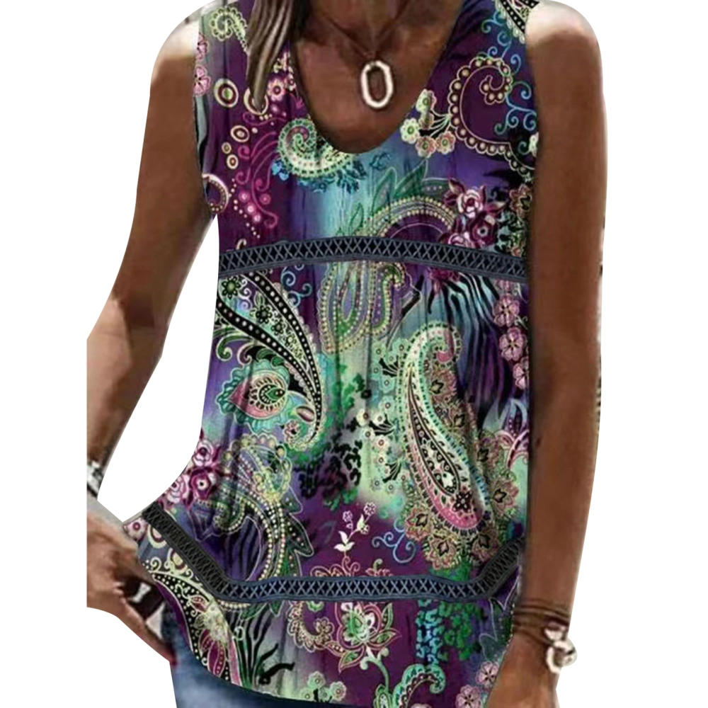 V Neck Sleeveless Top Loose Fit Printed Patchwork Summer Fashional Soft Women Casual Tank Top for Daily Party Vacation Purple Blue S