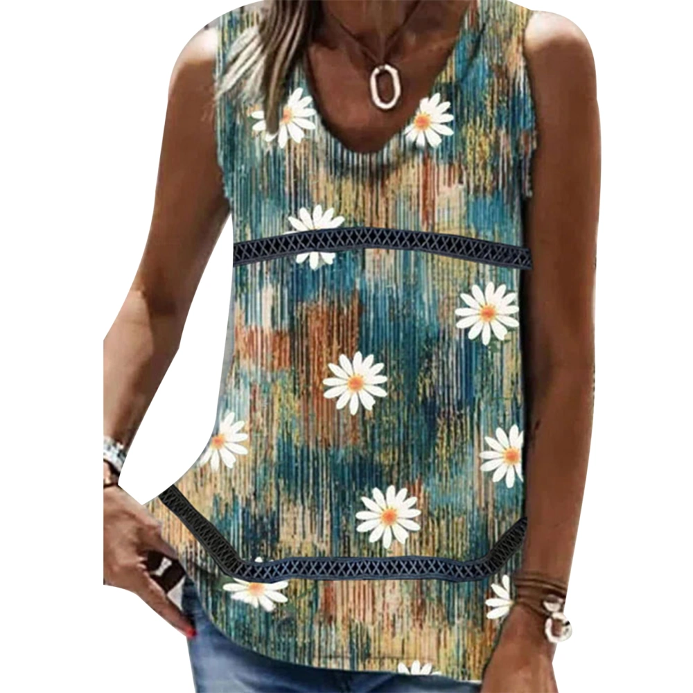 V Neck Sleeveless Top Loose Fit Printed Patchwork Summer Fashional Soft Women Casual Tank Top for Daily Party Vacation Sky Blue S