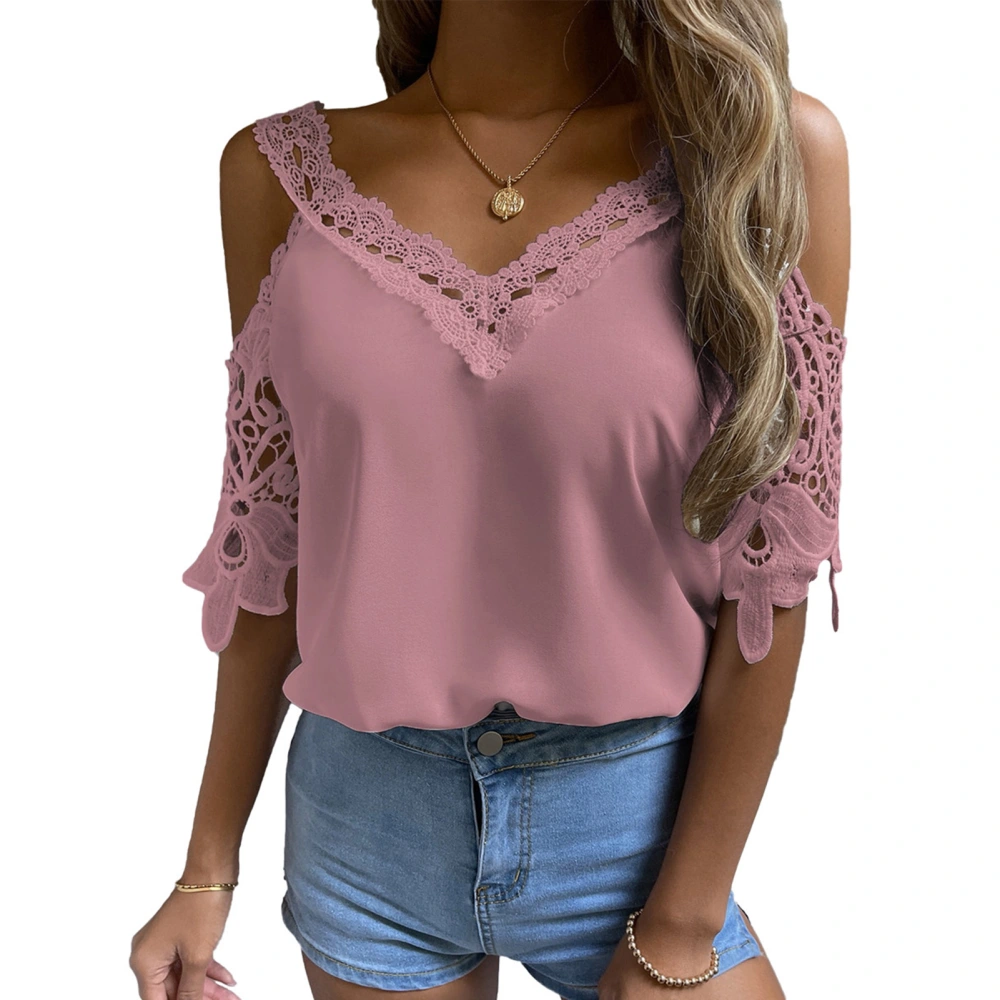 Women Pure Color V Neck Cold Shoulder Short Sleeve Top Comfortable for Daily Dating Working Traveling Pink XL