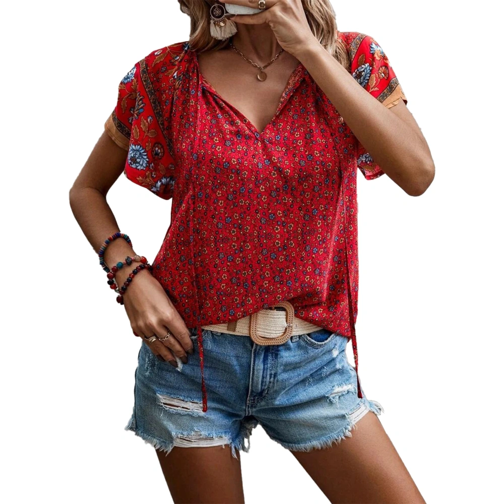 Women Tie V Neck Short Sleeve Blouse Floral Print Loose Fitting Elegant Casual T Shirt Red XL