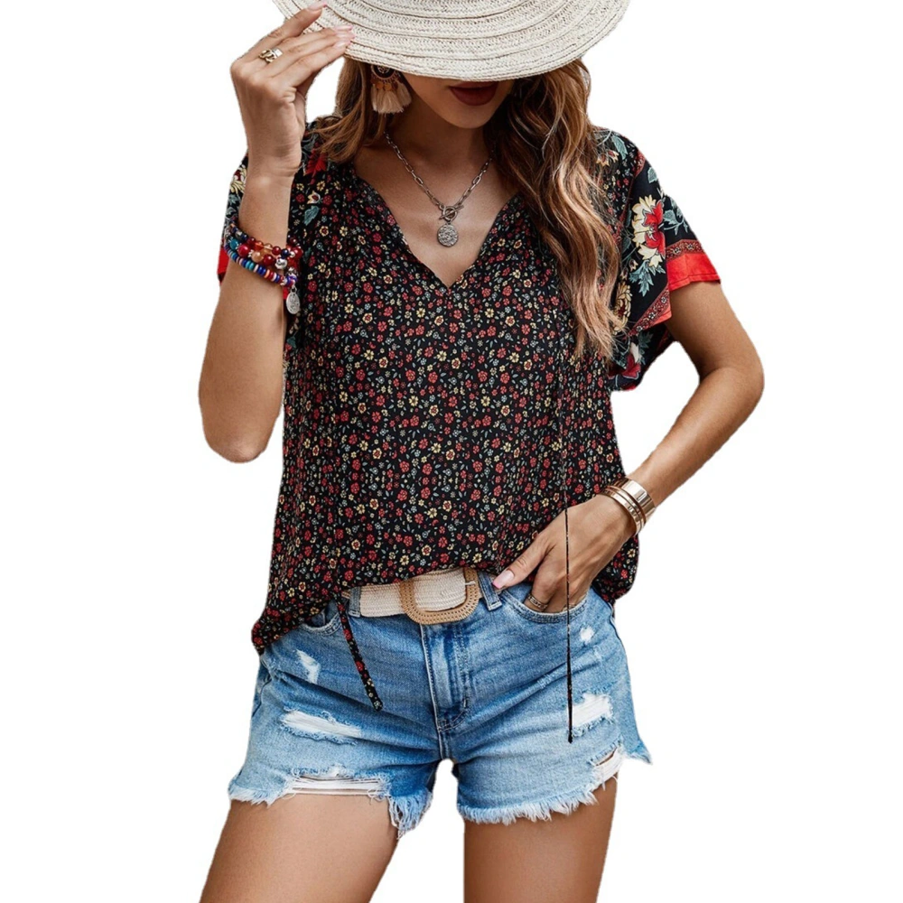 Women Tie V Neck Short Sleeve Blouse Floral Print Loose Fitting Elegant Casual T Shirt Brown XL