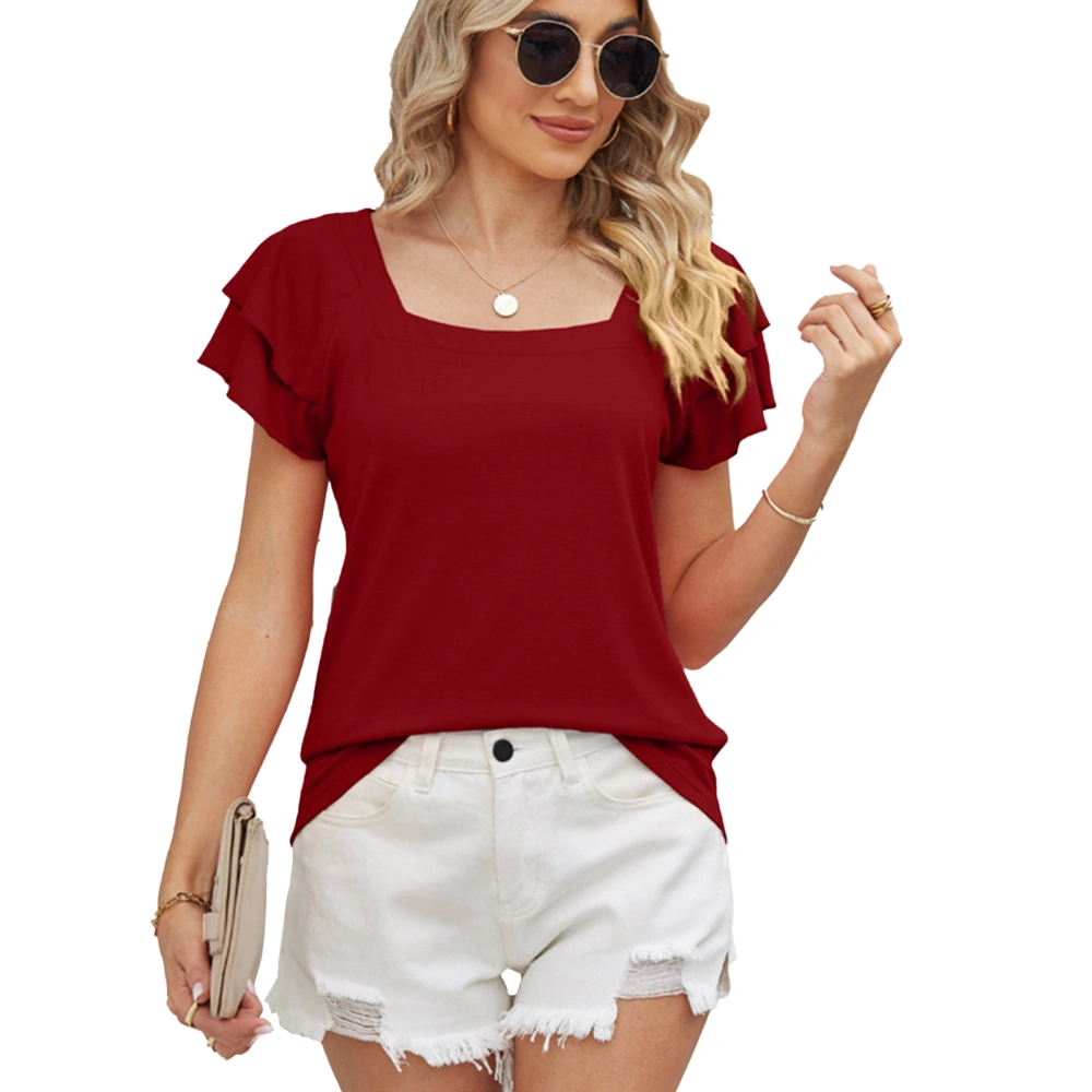 Women Short Flutter Sleeves Top Double Layers Loose Fitting Summer Pure Color Casual T Shirt Wine Red XL