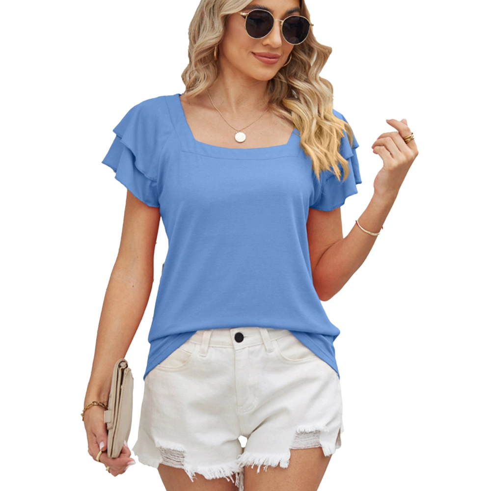 Women Short Flutter Sleeves Top Double Layers Loose Fitting Summer Pure Color Casual T Shirt Sky Blue L