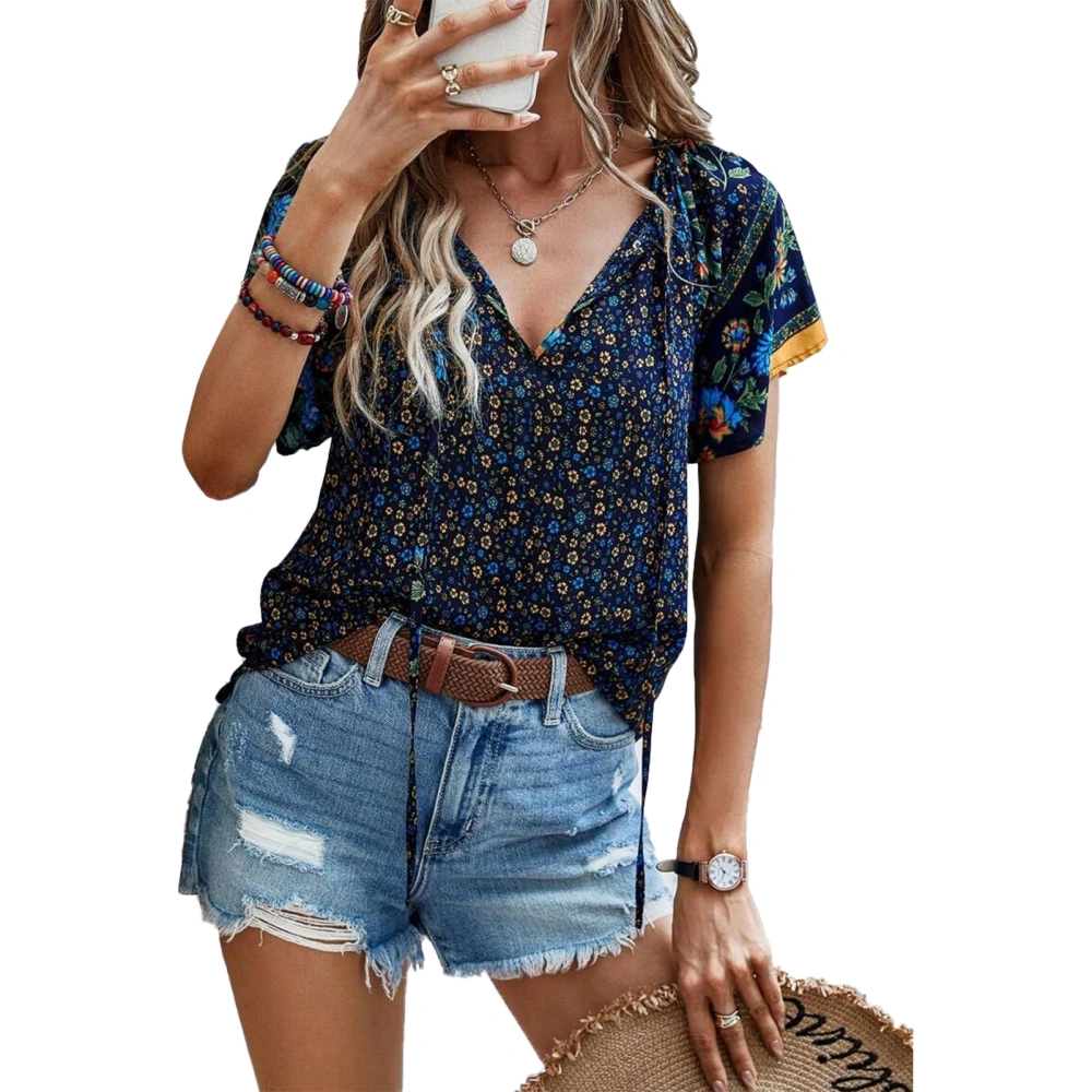 Women Tie V Neck Short Sleeve Blouse Floral Print Loose Fitting Elegant Casual T Shirt Blue XL