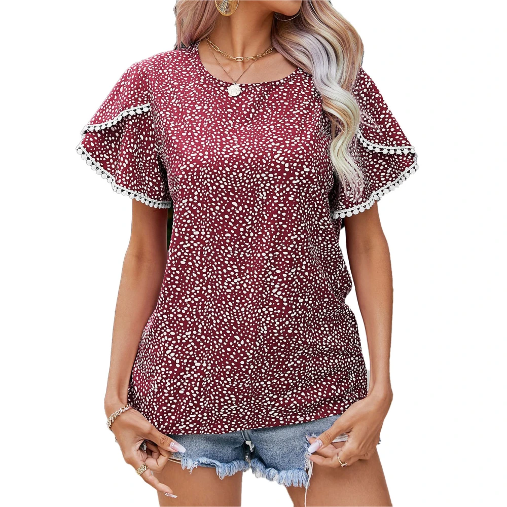 Petal Sleeve Blouse Short Sleeved Loose Fitted Floral Printed Casual Petal Sleeve Blouse for Women Dating Burgundy S