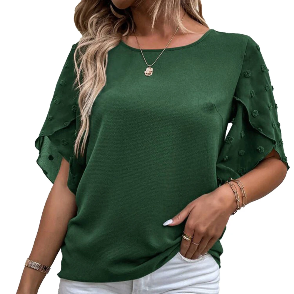 Women Round Neck Top Half Petal Sleeves Lace Stitching Loose Type Casual T Shirt for Summer Green XXL