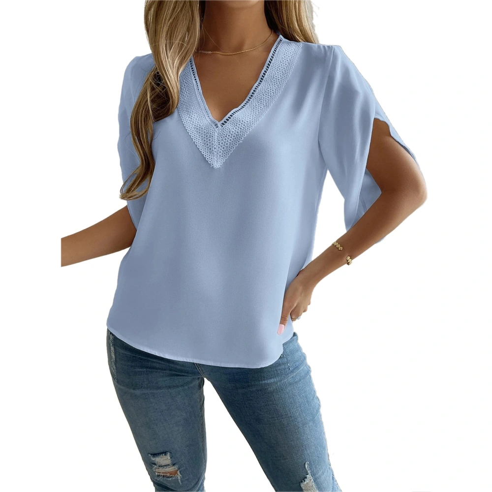 Petal Sleeve Blouse Polyester V Neck Loose Comfortable Casual Women Summer Top for Shopping Dating Light Blue L